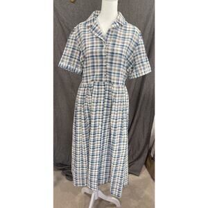 Oak Fort Button Front Plaid Midi Dress Collared Short Sleeve Tie Back Blue Sz SM